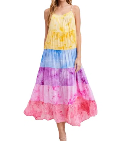 White Birch Tiered Tassel Tie Straps Dyed Dress In Rainbow In Multi