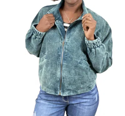White Birch Weeping Willow Ribbed Zip Up Jacket In Teal In Blue