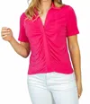 White Birch Collar Cinched Front Top In Magenta In Pink