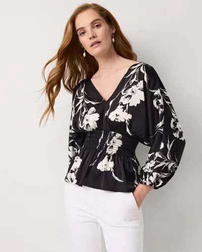 White House Black Market 3/4 Sleeve Smocked Waist Kimono In Black