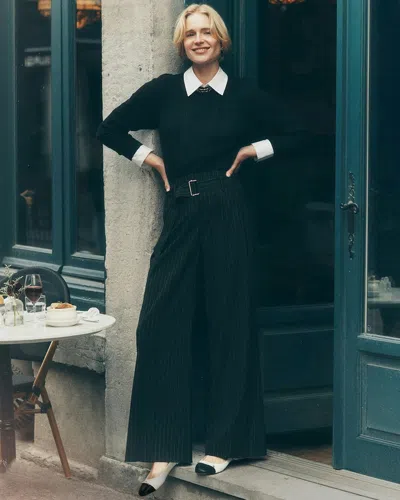 White House Black Market Belted Wide Leg Pants Trousers In Blk Wht Dash Pinstripe