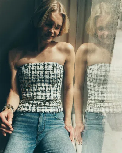 White House Black Market Button Tweed Bustier Top In Blk And Wht Eyelash Tweed