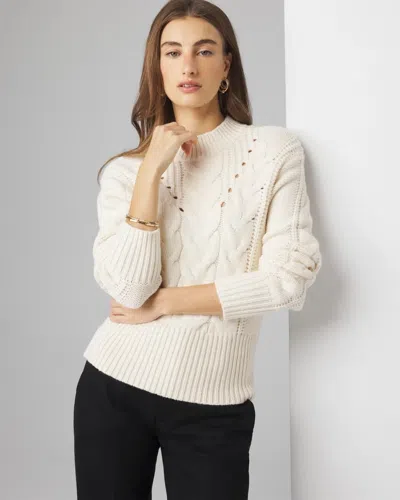 White House Black Market Cabled Mock Neck Pullover Sweater In Heathered Panna Cotta