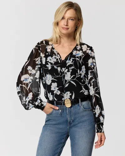 White House Black Market Chiffon Tie-neck Blouse In Misty Bloom Black