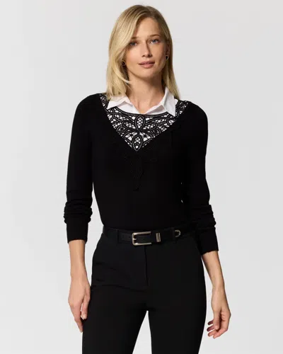 White House Black Market Collared Lace Detail Sweater In Black