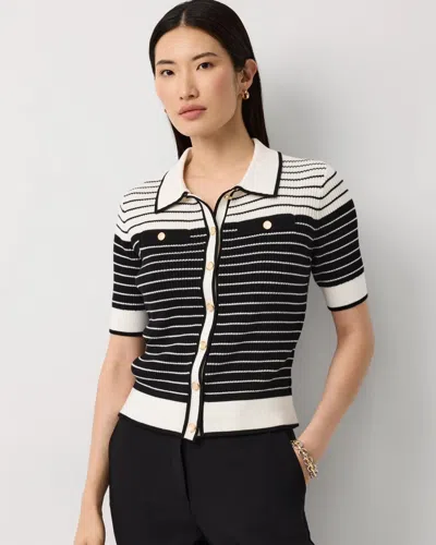 White House Black Market Collared Striped Cotton Cardigan Sweater