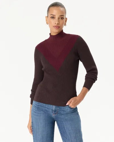 White House Black Market Colorblock Ribbed Mock Neck Sweater In Port-htr Espresso Intarsi