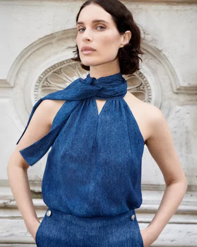 White House Black Market Denim Print Chiffon Halter Top In Blue