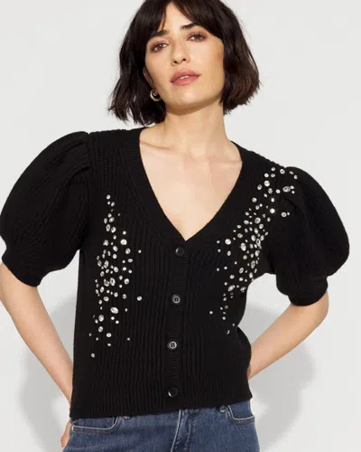 White House Black Market Embellished Puff Sleeve Button-front Cardigan Sweater In Black