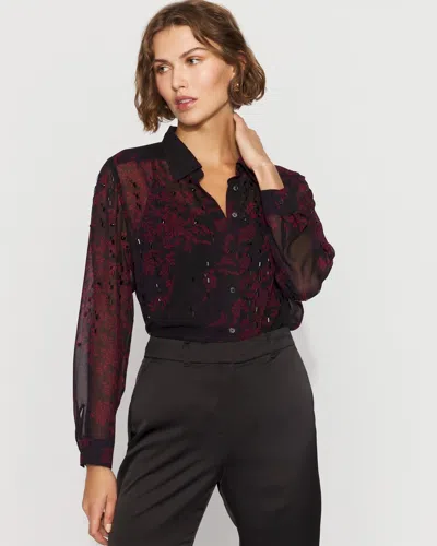 White House Black Market Embellished Sheer Floral Shirt In Burgundy