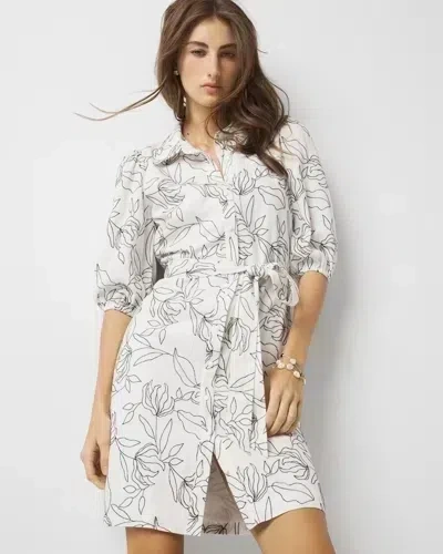White House Black Market Embroidered Shirt Dress In Ecru W/black Emb