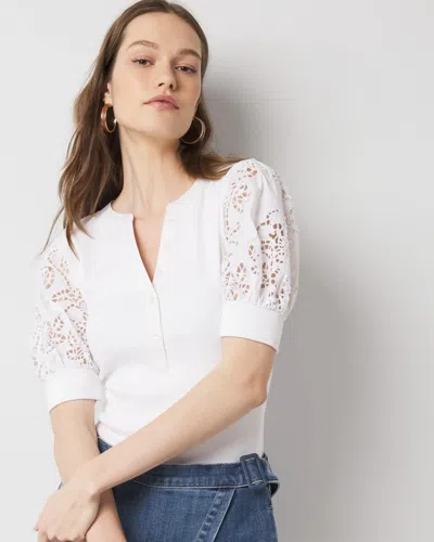 White House Black Market Eyelet Puff Sleeve Henley Top In White