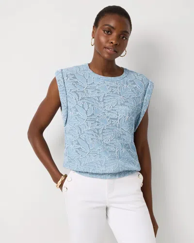 White House Black Market Floral Stitch Sleeveless Pullover Sweater In Denim Blue Floral Stitch
