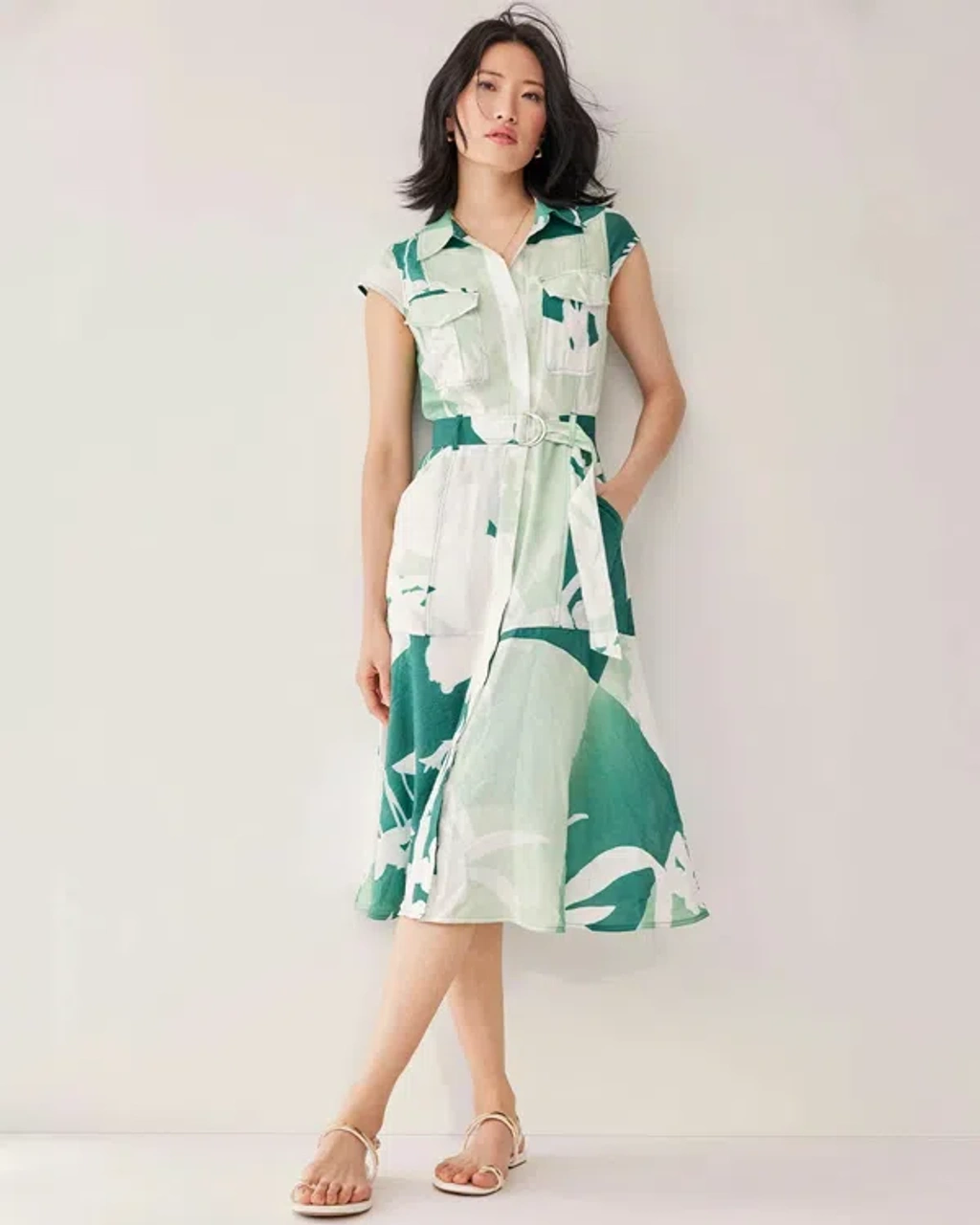 White House Black Market Floral Utility Shirt Dress In Jungleptchl Tropical Teal