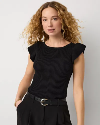 White House Black Market Flutter Sleeve Ribbed Pullover Sweater In Black