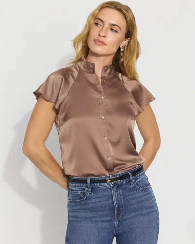 White House Black Market Flutter-sleeve Satin Shirt In Brown