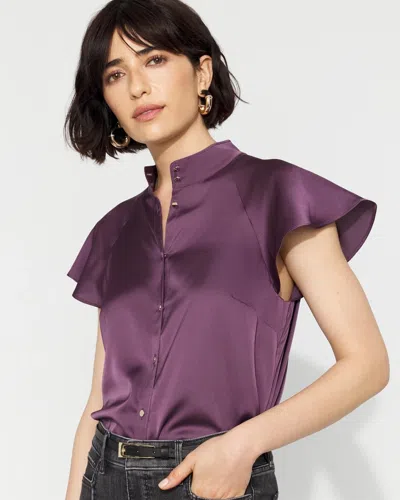 White House Black Market Flutter-sleeve Satin Shirt In Purple