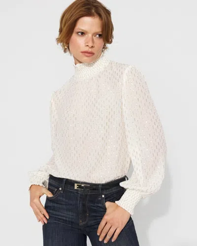 White House Black Market Jacquard + Gold Clip Mock Neck Blouse In White