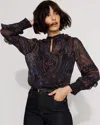 White House Black Market Jacquard Ruffle Sleeve Chiffon Blouse In Blue