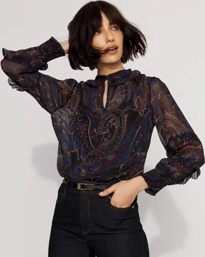 White House Black Market Jacquard Ruffle Sleeve Chiffon Blouse In Blue