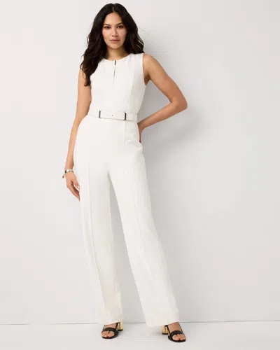 White House Black Market Knit Crepe Zip-front Jumpsuit In White