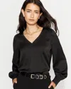 White House Black Market Knit Mix Satin Top In Black