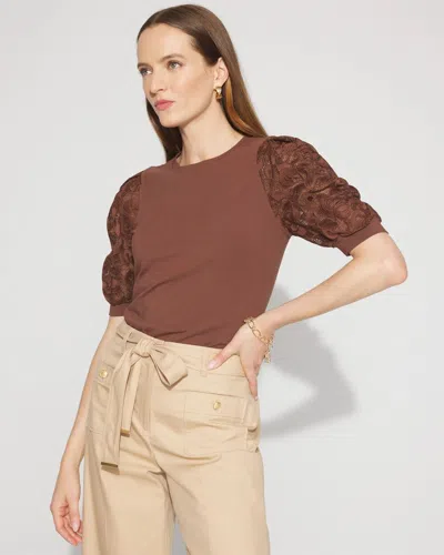 White House Black Market Lace Puff Sleeve Crewneck Tee In Brown