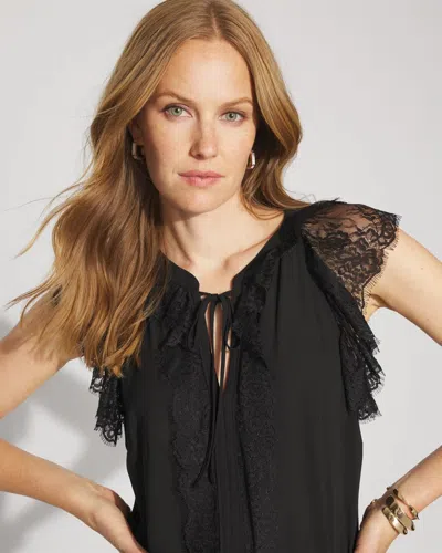 White House Black Market Lace Trim Flutter-sleeve Shell In Black