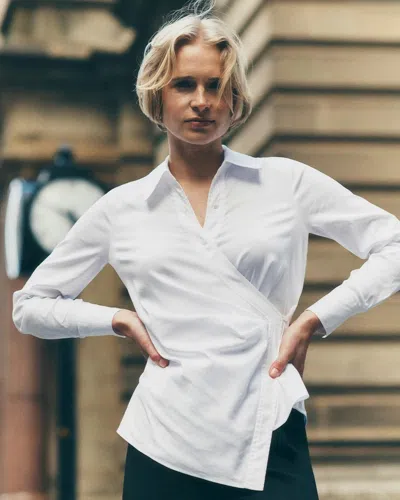 White House Black Market Long Sleeve Surplice Poplin Shirt In White