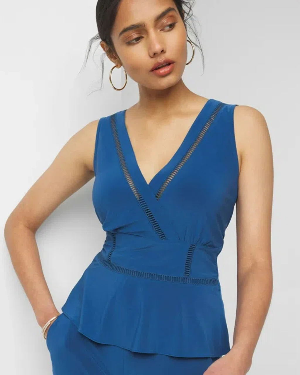 White House Black Market Matte Jersey Ladder Trim Peplum Top In Endless  Blue | ModeSens