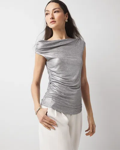 White House Black Market Metallic Off-the-shoulder Shirred Top In Silver/gray Marl