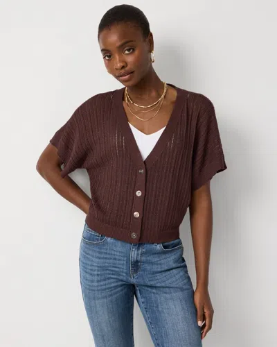 White House Black Market Metallic Short Sleeve Cardigan Sweater In Brown