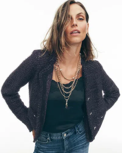 White House Black Market Metallic Tweed Sweater Jacket In Plum Noir/black/gold Marl