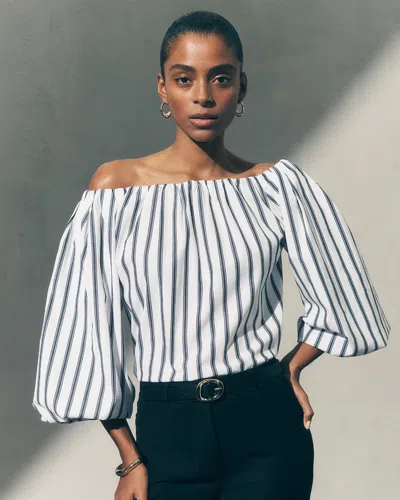 White House Black Market Off-the-shoulder Drama Sleeve Blouse In Margo Stripe White
