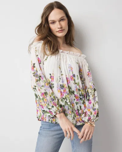 White House Black Market Off-the-shoulder Floral Pleated Blouse In Forever Garden Pl Ecru