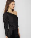 White House Black Market One-shoulder Tie-waist Satin Blouse In Black