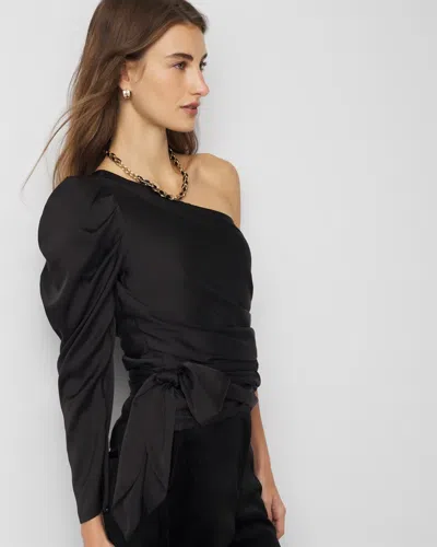 White House Black Market One-shoulder Tie-waist Satin Blouse In Black