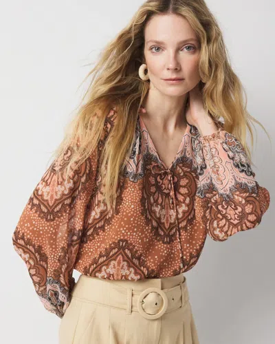 White House Black Market Paisley Tie-neck Blouse In Sand