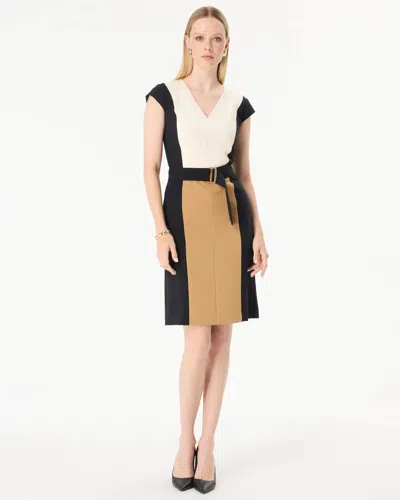 White House Black Market Petite Belted Colorblock Dress In Black/soft Camel/ant Wht