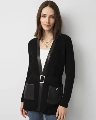 White House Black Market Petite Faux Leather Trim Cardigan Sweater In Black