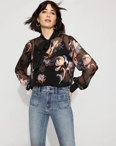 White House Black Market Petite Floral Silk Burnout Tie-neck Blouse