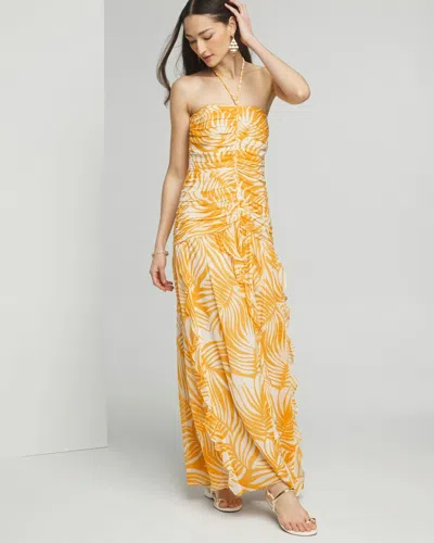 White House Black Market Petite Halter Braid Ruched Maxi Dress In Palm Frond Liquid Gold