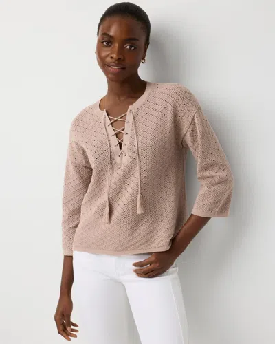 White House Black Market Petite Lace-up Notch Neck Pullover Sweater In Brown
