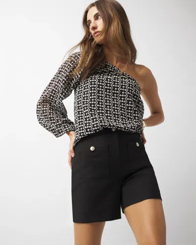 White House Black Market Petite One-shoulder Embroidered Blouse In Black With Geo Embroidery