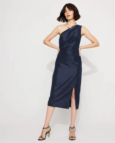 White House Black Market Petite One-shoulder Stretch Taffeta Midi Dress In Blue
