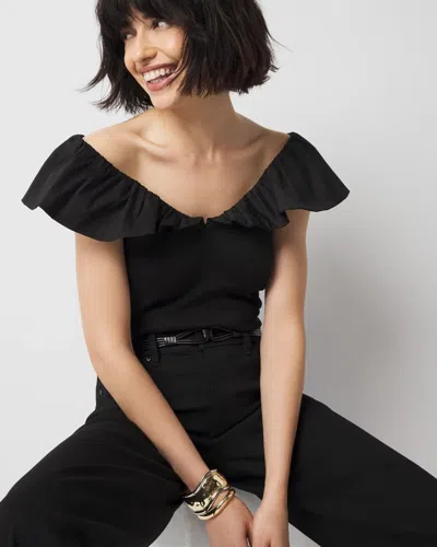 White House Black Market Petite Ruffle Poplin Knit Top In Black