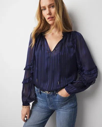 White House Black Market Petite Ruffle Sleeve Sheer Striped Blouse In Officer Blue