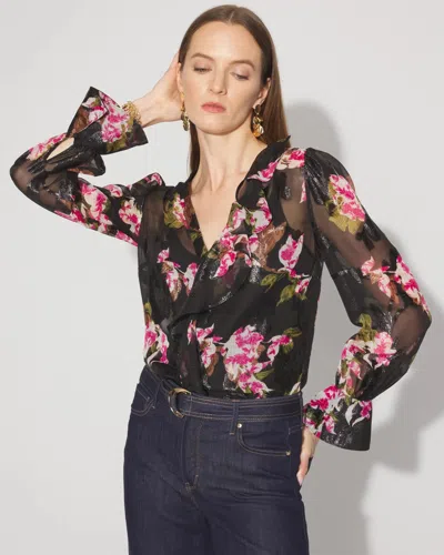 White House Black Market Petite Sheer Metallic Clip Ruffle Blouse