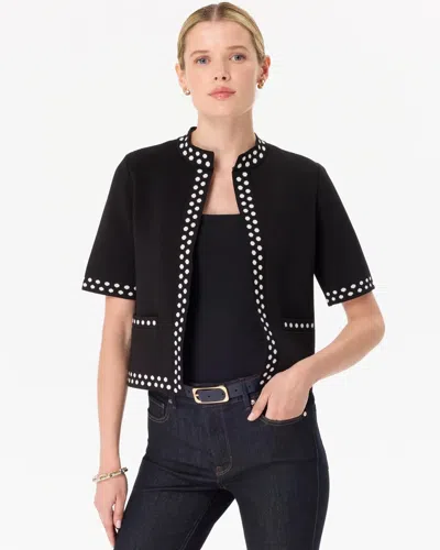 White House Black Market Petite Short Sleeve Knit Cardigan Sweater In Black Ecru Dot