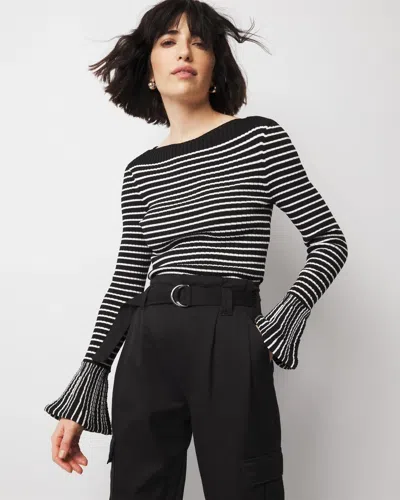 White House Black Market Petite Striped Flared Cuff Sweater In Black/ecru Stripe